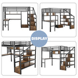 MoproBeti Full Size Loft Bed with Desk and Stairs,Metal Gaming Loft Bed with LED,Charging Station, High Loft Bed Full with Storage Shelves,Wardrobe and Drawers for Kids Teens, Adults, Black MoproBeti