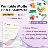A-SUB Premium Printable Vinyl Sticker Paper for Inkjet Printers, 50 Sheets Matte White Waterproof Sticker Paper 8.5x11 Inch for Making Your Own Stickers at Home A-SUB