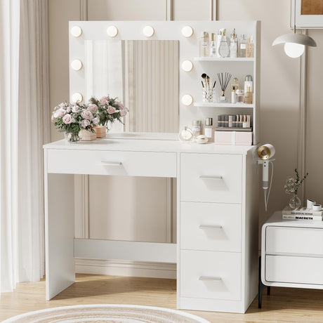 YESHOMY Vanity Desk with Mirror, 10 Lights, Power Outlet and 3 Storage Shelves, Makeup Table with 4 Drawers, 3 Color Modes, for Bedroom, White YESHOMY