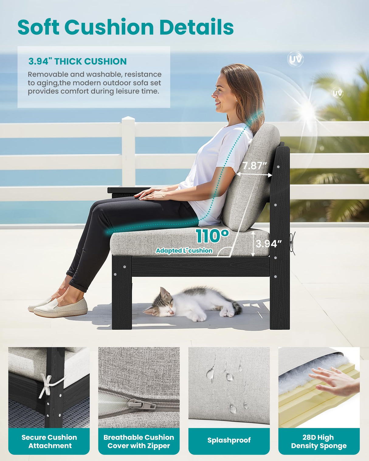 SERWALL HDPE Patio Loveseat Sofa, 2 Pieces Single Sofa, Weather-Resistant Outdoor Furniture Chair with Thick Removable Cushion, Balcony, Garden, Backyard, Poolside, Black Frame with Khaki Cushion SERWALL