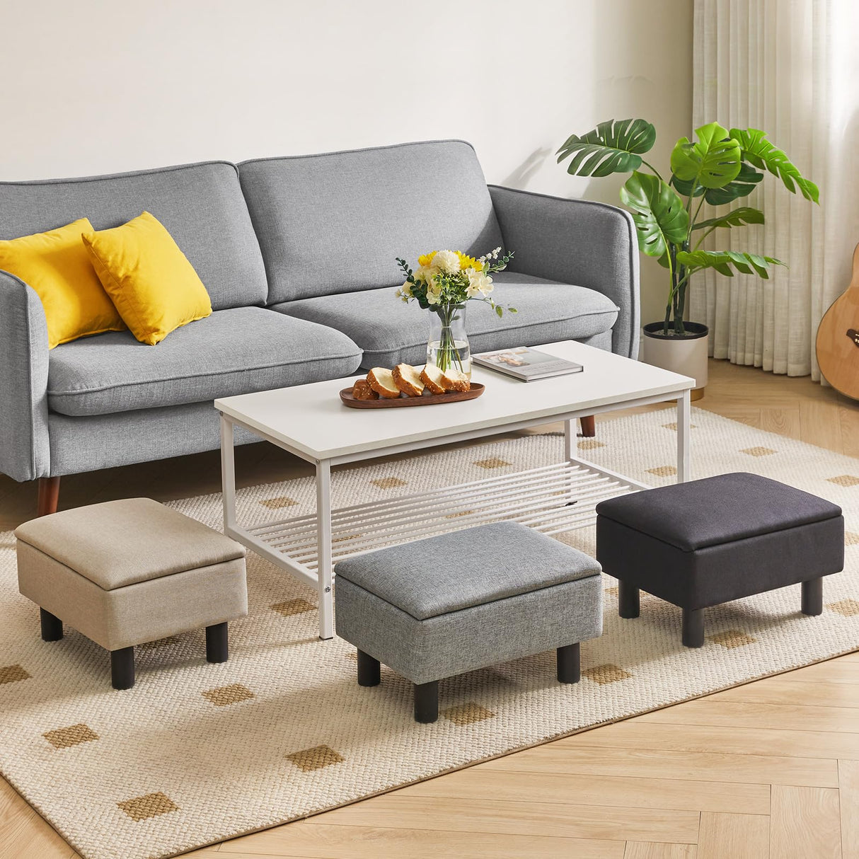 IBUYKE Storage Ottoman Footrest Stool with Linen Fabric, Rectangular, Flip Top Lid, Non-Slip Feet, Compact Design, Stylish and Functional, Gray Blue RF-BD224 IBUYKE