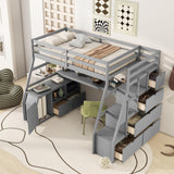 Twin Loft Bed with Storage Stairs and Desk - Bellemave Grey Wood Frame for Kids and Teens Bellemave