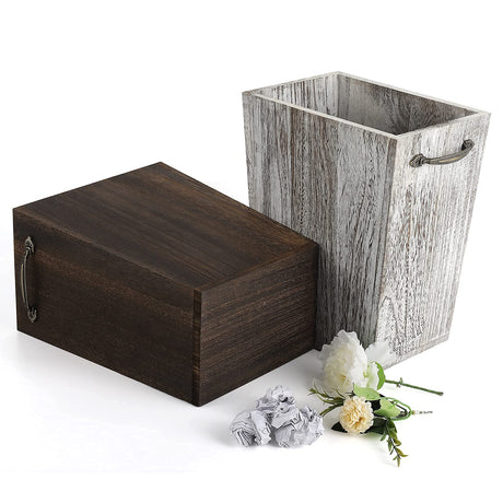 Trash Can Wastebasket Wood Garbage Container Bin with Built-in Double Metal Handles for Office, Bedroom, and Bathroom, Dark Brown OYEAL