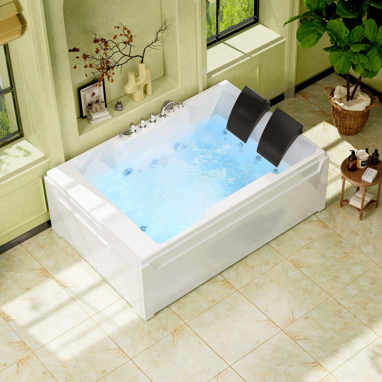 Empava 72" x 48" Whirlpool Tub, 2 Person Jetted Bathtub, Hydro Massage & Chromatherapy [ETL Certified], 3 Sided Apron, Acrylic , 1125 Watt, 110 Gallons, Left Drain Empava