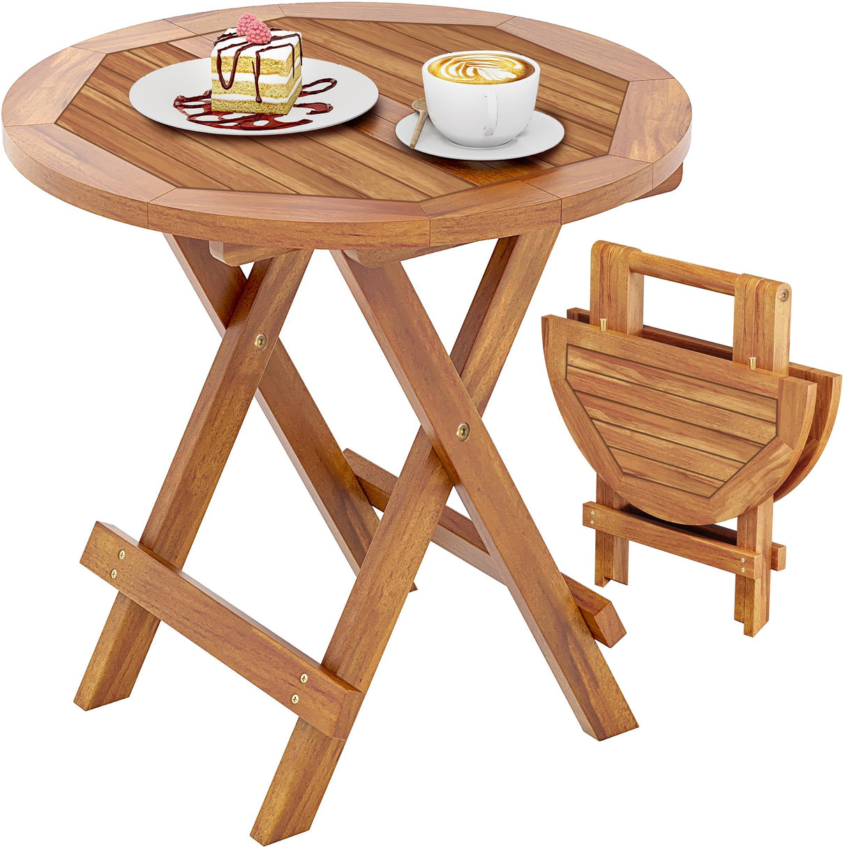 YITAHOME Teak Wood Outdoor Side Table, Patio Folding Round End Table with Metal Buckles and X-Frame, Outdoor Bistro Table Ideal for Backyard Patio Garden Living Room Kitchen, Easy to Carry YITAHOME