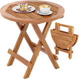 YITAHOME Teak Wood Outdoor Side Table, Patio Folding Round End Table with Metal Buckles and X-Frame, Outdoor Bistro Table Ideal for Backyard Patio Garden Living Room Kitchen, Easy to Carry YITAHOME