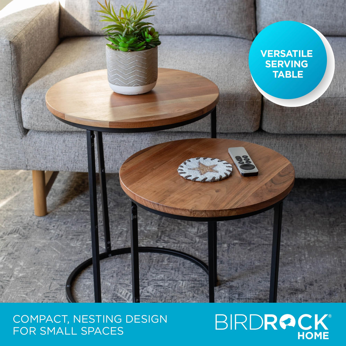 BIRDROCK HOME Wooden Nesting Side Tables - Mid Century Modern Stackable Coffee Table - Space-Saving Wooden End Table for Living Room, Bedroom, Centerpiece, Office, Balcony - Natural Mango Wood - 2 Set BIRDROCK HOME