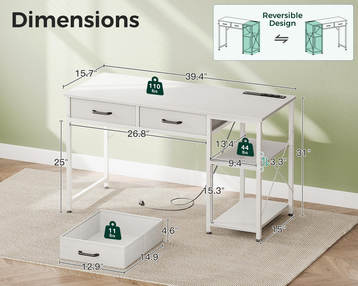 Coleshome Laptop Desk, 40 Inch Small Desk with Drawers & Power Outlet for Bedroom, Computer Desk Home Office Desk with Storage Shelves, Reversible Study Table Vanity Desk for Small Spaces, White Coleshome