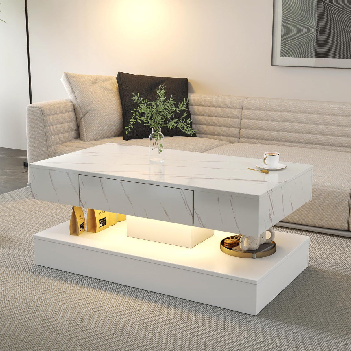 LED Coffee Table with Drawers, Rectangular 2 Tier Center Table with LED and Drawers for Living Room, Modern Center Table with Storage, White SOFTSEA