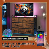 WLIVE Led Dresser for Bedroom, TV Stand for Bedroom with LED Lights and Power Outlet, Wide Chest of Drawers for Hallway, 8 Fabric Drawers for Living Room and Entryway, Rustic Brown WLIVE