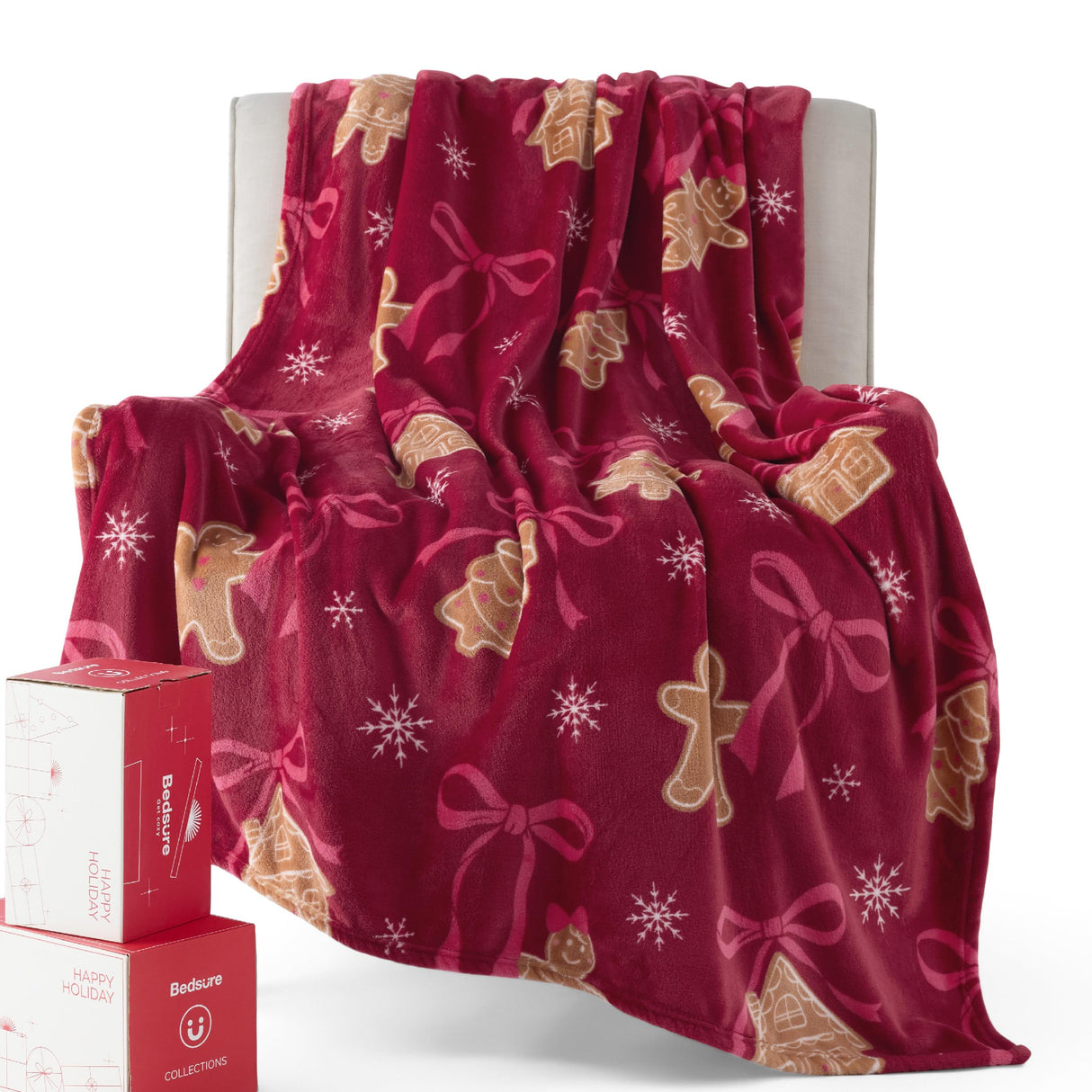 Bedsure Christmas Throw Blanket for Couch - Soft and Warm Gingerbread Throw Blanket Christmas Decoration Gifts for Women, Red 50"x60" Bedsure