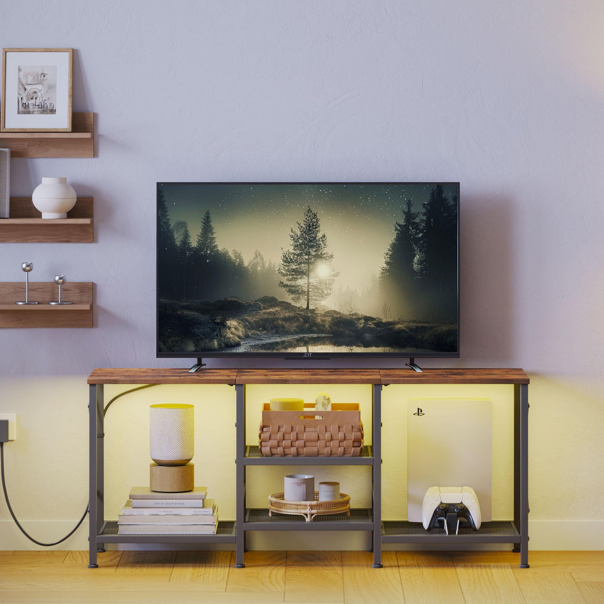 JARHETUN TV Stand with LED Lights for 55 Inch TV, Entertainment Center with 3-Tier Open Shelves, TV Console Table for Living Room, Bedroom, Rustic Brown JARHETUN