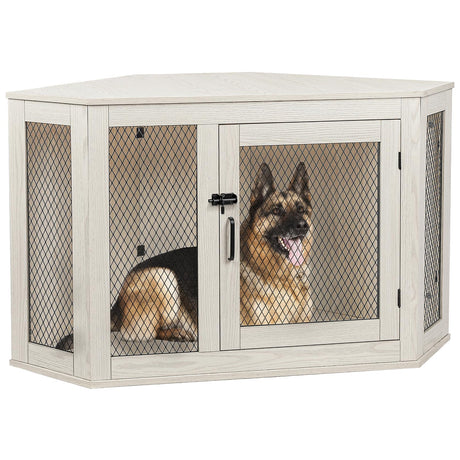 PUKAMI Corner Dog Crate Furniture,44/52inch Wooden Dog Kennel Furniture with Mesh,Decorative Wood Dog House for Indoor use,Dog Crate for Small/Medium/Large Dog,Perfect for Limited Room PUKAMI