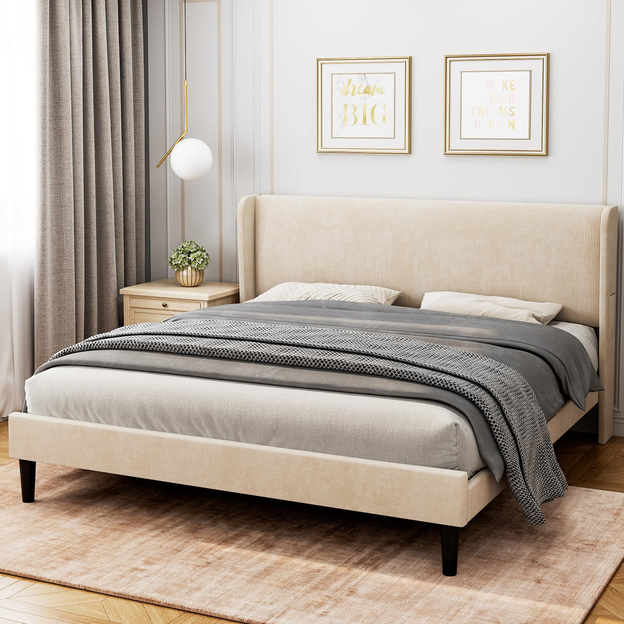 IDEALHOUSE Full Upholstered Bed Frame with Wingback Headboard, Luxurious Velvet Upholstery Platform Bed, Wooden Slat Support, and Easy Assembly - Box Spring Optional, Beige IDEALHOUSE