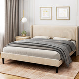 IDEALHOUSE Full Upholstered Bed Frame with Wingback Headboard, Luxurious Velvet Upholstery Platform Bed, Wooden Slat Support, and Easy Assembly - Box Spring Optional, Beige IDEALHOUSE