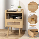 MECHYIN Rattan Nightstands Set of 2 with Charging Station, Bedside Tables Rattan Drawers Nightstands, Rattan End Table with Solid Wood Feet, Side Table Nightstands sets for Bedroom MECHYIN