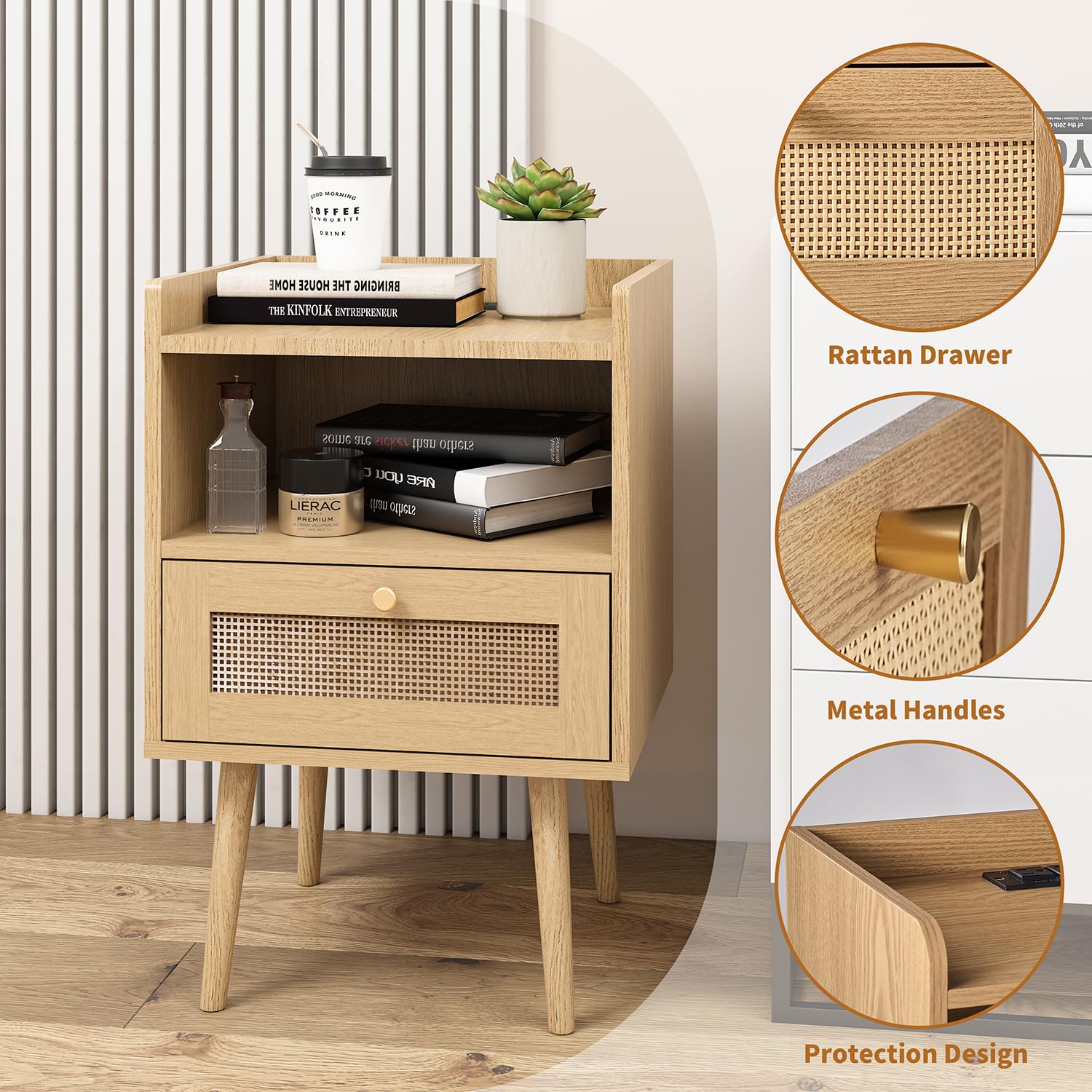 MECHYIN Rattan Nightstands Set of 2 with Charging Station, Bedside Tables Rattan Drawers Nightstands, Rattan End Table with Solid Wood Feet, Side Table Nightstands sets for Bedroom - WoodArtSupply