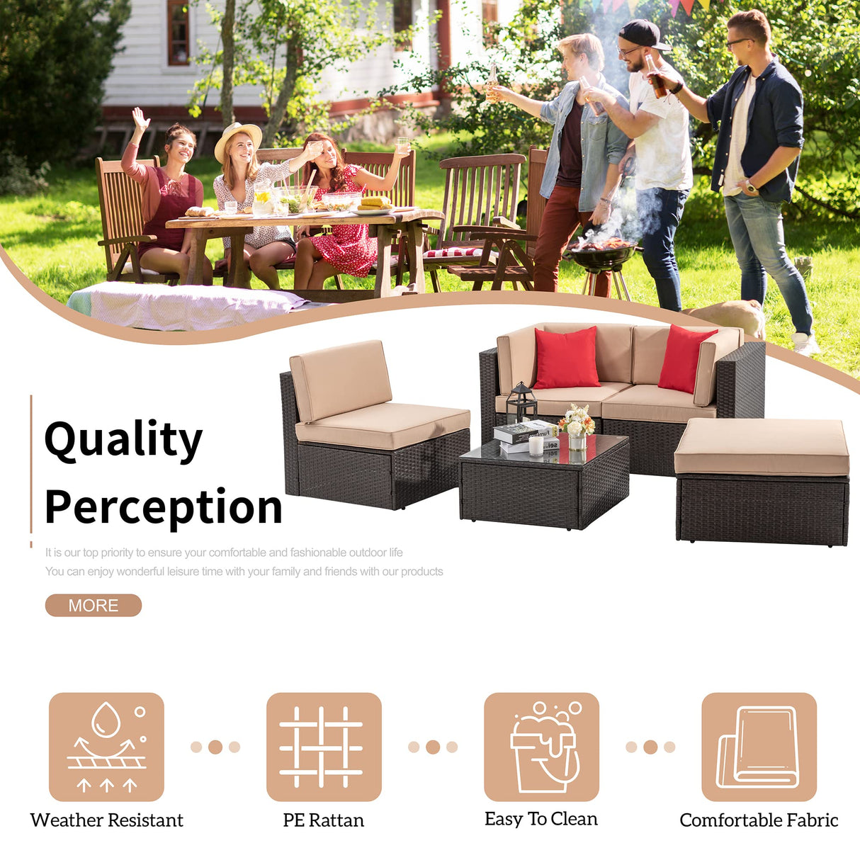 Shintenchi 5 Pieces Patio Furniture Sets Outdoor All-Weather Sectional Patio Sofa Set PE Rattan Manual Weaving Wicker Patio Conversation Set with Glass Table&Ottoman Cushion and Red Pillows Shintenchi
