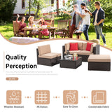 Shintenchi 5 Pieces Patio Furniture Sets Outdoor All-Weather Sectional Patio Sofa Set PE Rattan Manual Weaving Wicker Patio Conversation Set with Glass Table&Ottoman Cushion and Red Pillows Shintenchi