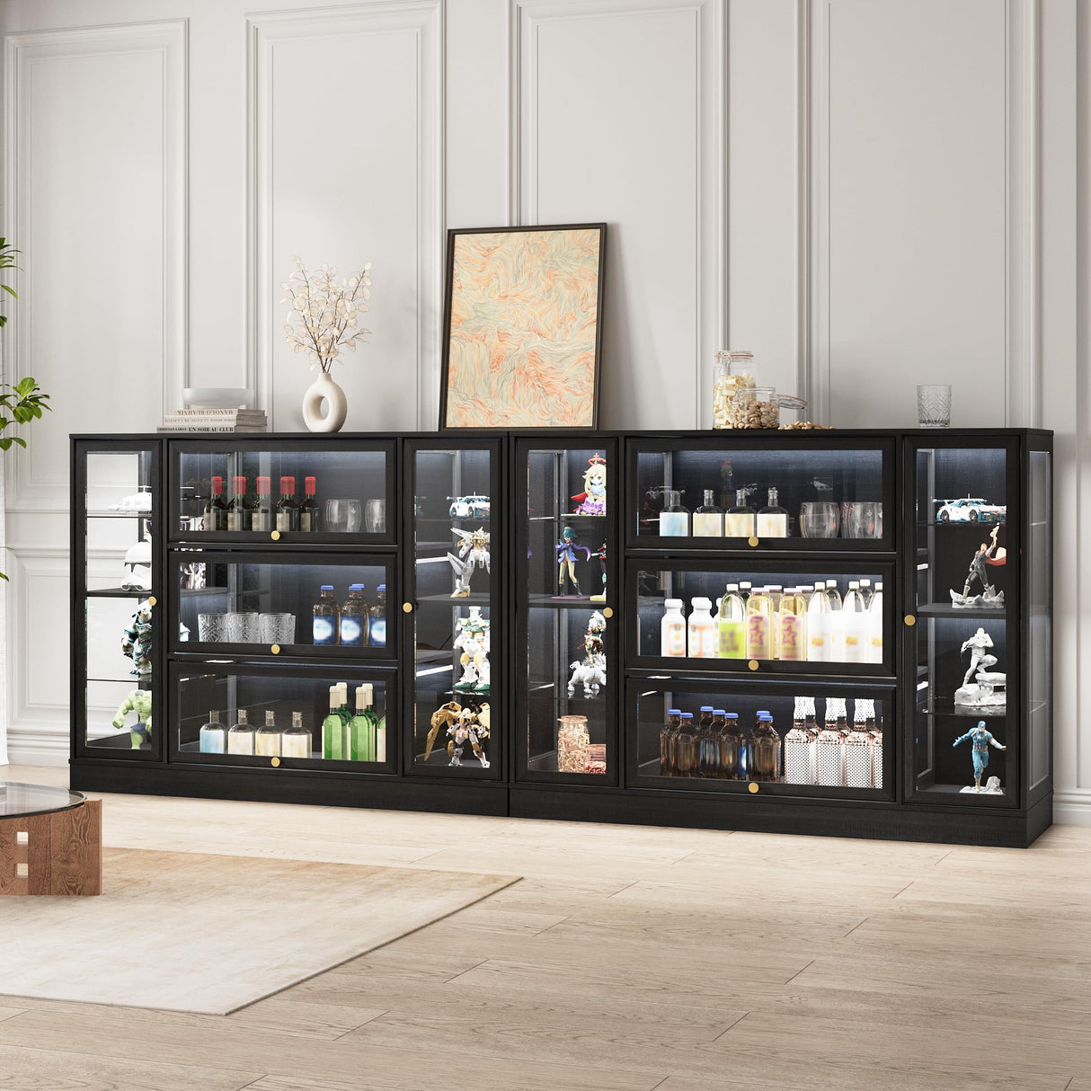 BONITURE Display Cabinet with Acrylic Glass Doors,Extra Wide Curio Cabinet with LED Lighting for Collectibles, Collectibles Toy Organizers Rack & Display Shelf Display Case, Black BONITURE