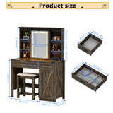 FREDEES Farmhouse Makeup Vanity with Charging Station,Vanity Set with Stool&Sliding Mirror&3Brightness Lights,Large Storage Glass Top Dressing Table with Drawers and Shelves for Women/Girls,Dark Oak FREDEES