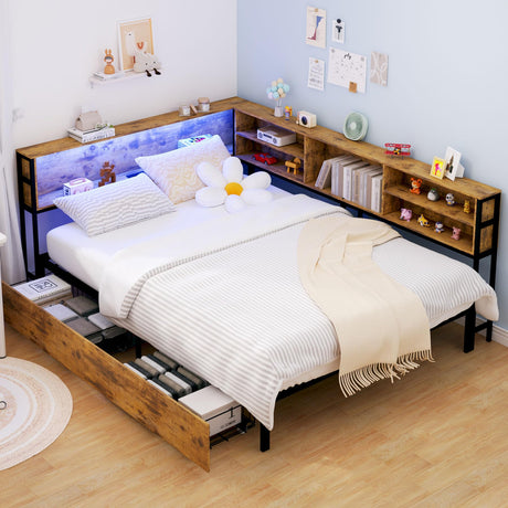 Klwenas Maec Brown Full Corner Bed Frame with Storage Bookcase, Corner Bed Unit with Charging Station & LED Light, Full Size Metal Daybed with Storage Drawers for Kids Teen Adult (Brown, Full) Klwenas Maec