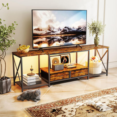 Zevemomo 66.5" LED TV Stand, TV Stands for 55/60/75 Inch TV, Console Tables with LED Strip Lights, Entertainment Center with 4 AC Outlets & 2 USB Ports, Open Storage Shelves for Living Room-Brown Zevemomo