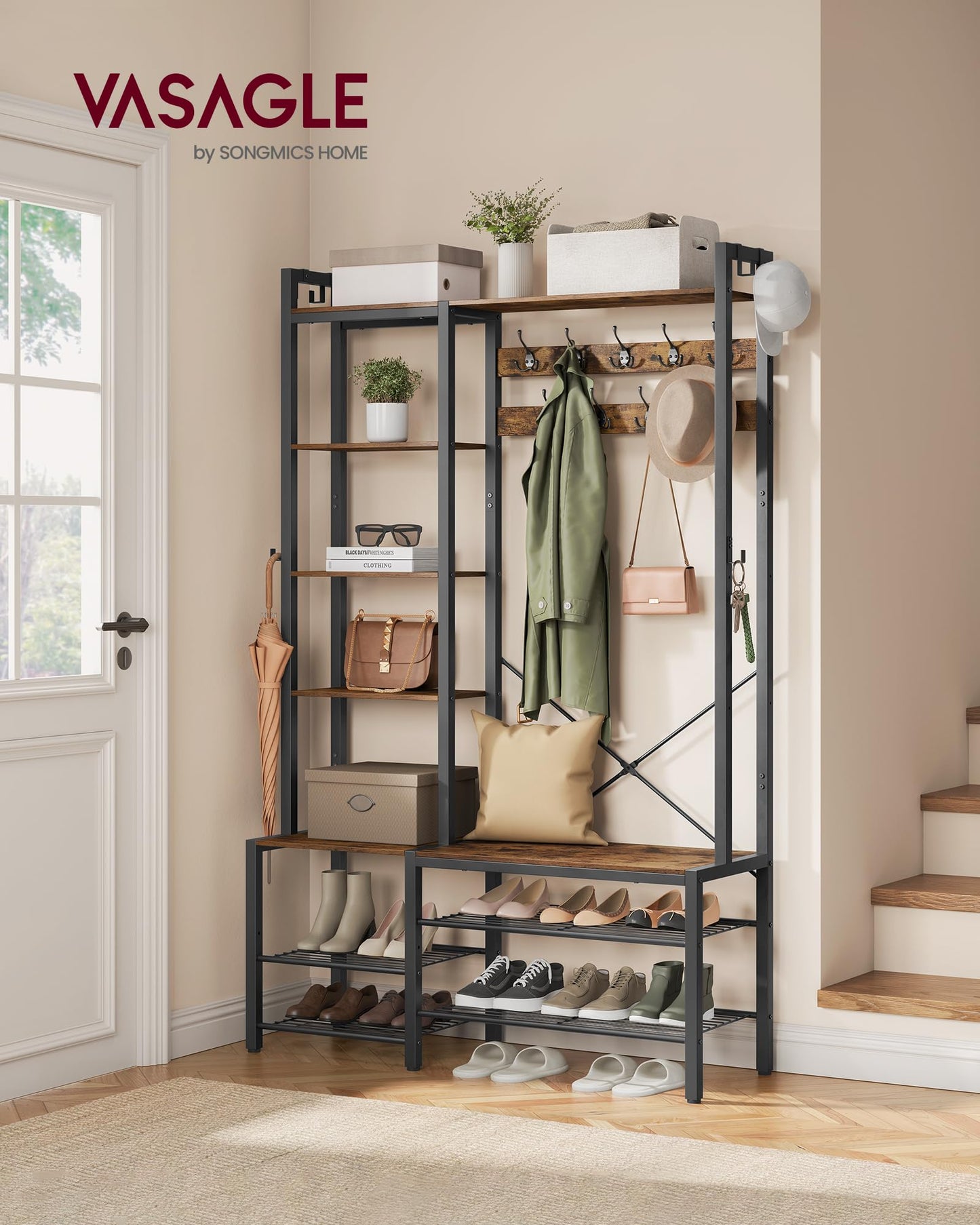 VASAGLE Hall Tree with Bench and Shoe Storage, Entryway Coat Rack with Shoe Bench, 5 Storage Shelves, 9 Coat Hooks, 6 Side Hooks, 15.7 x 47.2 x 74.8 Inches, Rustic Brown and Ink Black UHSR426B01