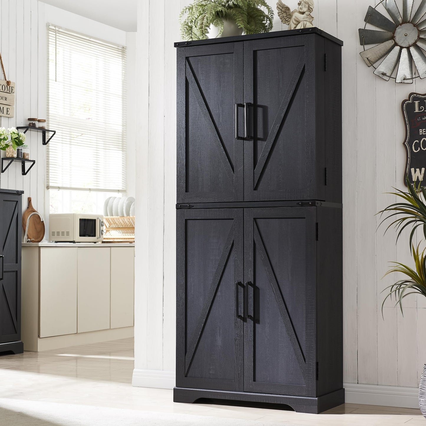 ACCOHOHO 72" Tall Kitchen Pantry, Farmhouse Storage Cabinet with Barn Door, Organizer, Drawer and Adjustable Shelves, Rustic Wood Cupboard for Kitchen, Dining Room, Bathroom, Black