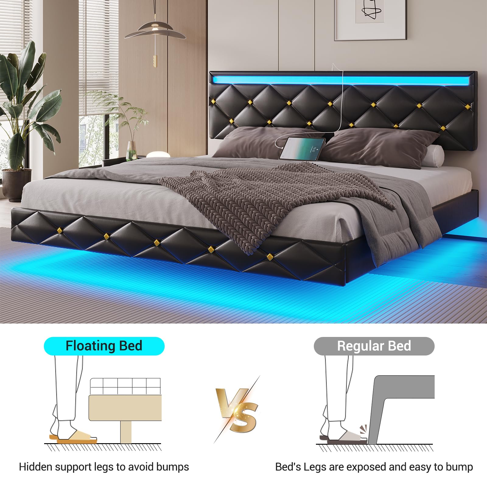 DICTAC King Size Floating Bed Frame with LED Lights & USB Ports - Modern Faux Leather Platform Bed with Adjustable Headboard - WoodArtSupply