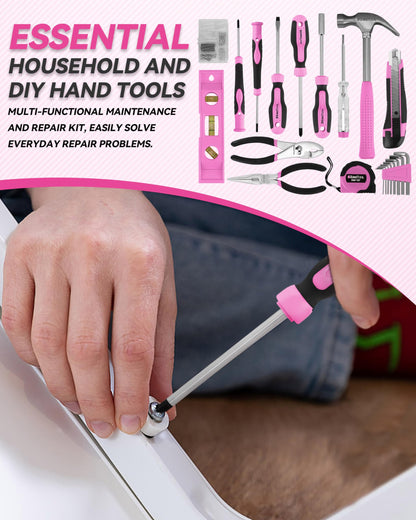 KingTool Home Tool Kit Set - 219 Pieces Pink Tool Kit with 12V Max Power Cordless Drill, Tool Kit for Women, Household Tool Set Kit with Power Drill for Home Office Garden Repair - WoodArtSupply