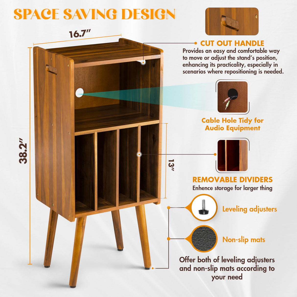 Wooden LP Record Player Stand, 3-Tier Turntable Stand Cabinet Holds up to 100 Albums, Metal Record Storage Holder and Organizer Table, Mid-Century Modern Record Player Holder for Living Room & Bedroom 2BHOME