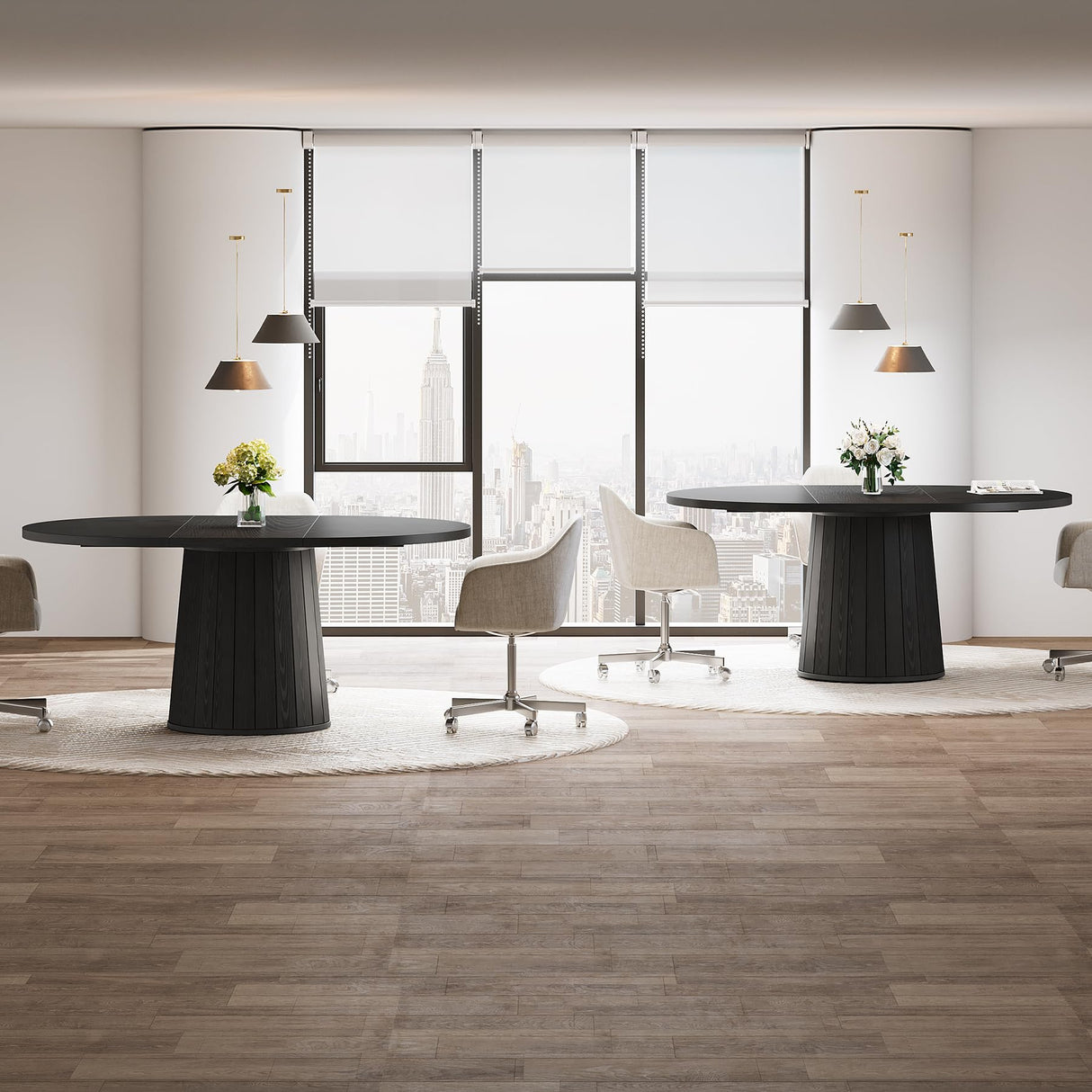 Tribesigns Oval Conference Table, 55.11 Inches Wooden Meeting Table for 6 People, Rustic Meeting Seminar Boardroom Table with Wood Base for Office Conference Room (Black) Tribesigns