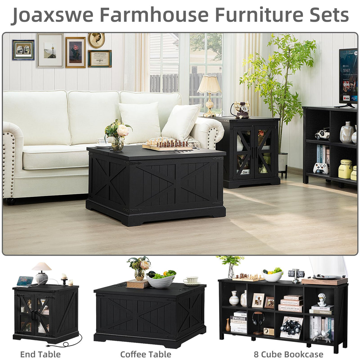 Joaxswe Farmhouse Coffee Table with Large Hidden Storage Compartment, Rustic Black Square Center Table, Wood Low Farm House Modern Living Room Tables with Hinged Lift Top & Wooden Arc Base Joaxswe