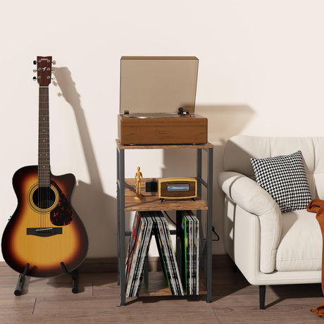 DALEMHOME Record Player Stand with Charging Station, Turntable Stand with Storage, Record Table for Vinyl, 3 Tier End Table for Living Room, Bedroom, Rustic Brown HKET1001BR DALEMHOME