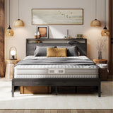 LIKIMIO Queen Bed Frame with Headboard, Dark Wood Camas Queen with Strong Supports, Sturdy, Noise-Free, No Box Spring Needed, Charcoal Grey LIKIMIO