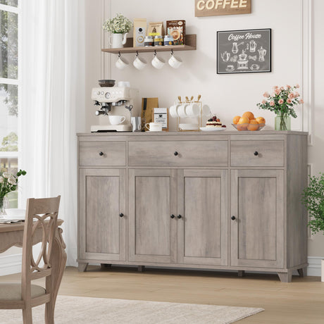 HIFIT 55" Large Kitchen Buffet Cabinet with Storage Drawers, Farmhouse Sideboard Buffet Table Storage Cabinet with Doors and Shelves, Wood Coffee Bar Cabinet for Kitchen Dining Living Room, Ash Grey HIFIT