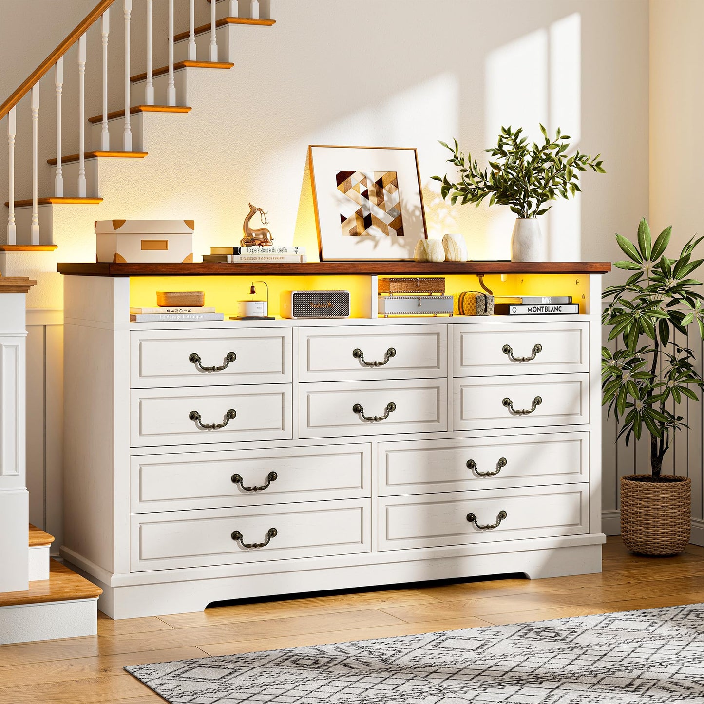 EnHomee Farmhouse Dresser with LED & Power Outlet 55.2''W Wood Dresser for Bedroom White 10 Drawers Dresser Vintage Dressers & Chests of Drawers Dresser TV Stand, Hallway, Antique White - WoodArtSupply