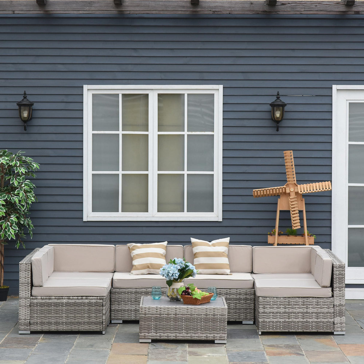 Outsunny 7-Piece Patio Furniture Set, Outdoor Wicker Conversation Set, All Weather PE Rattan Sectional Sofa Set with Cushions and Faux Wood Table, Stripe Pillows, Beige Outsunny