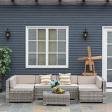 Outsunny 7-Piece Patio Furniture Set, Outdoor Wicker Conversation Set, All Weather PE Rattan Sectional Sofa Set with Cushions and Faux Wood Table, Stripe Pillows, Beige Outsunny