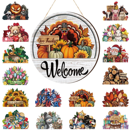 Yousoontic 17 Pcs 12 Inch Magnetic Welcome Door Sign for Interchangeable Front Door Decorations Fall Halloween Christmas Seasonal and Festive Door Signs for Home Round Wood Sign for Wall Farm - WoodArtSupply