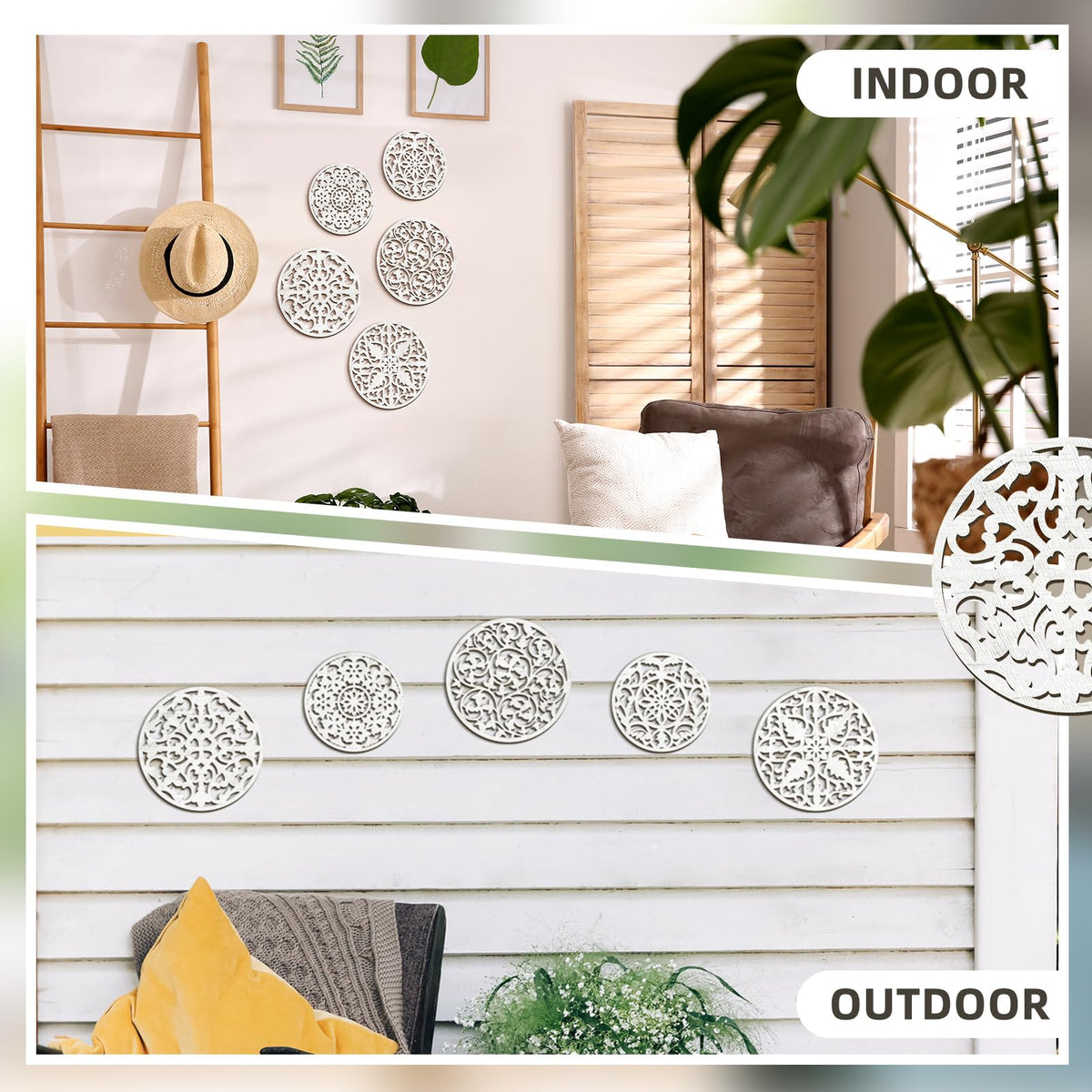 Wonderjune 5 Pcs Rustic Wall Medallion Decor Floral Carved Wood Wall D ...