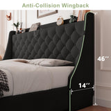 Feonase Upholstered King Size Bed Frame with 4 Storage Drawers, Large Wingback Headboard, No Box Spring Needed, Black Feonase