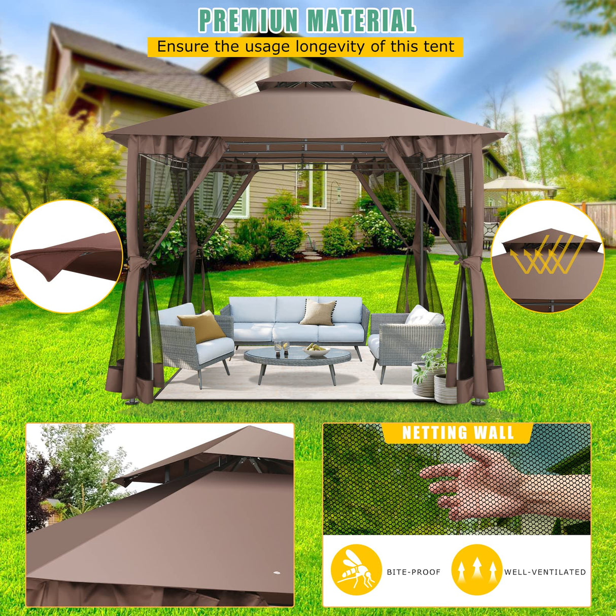 HOTEEL 10’x10’ Gazebo on Clearance, Waterproof Outdoor Gazebo with Mosquito Netting, Double Roof and Heavy Duty Durable Frame, All Weather Easy Assembly for Patio, Backyard, Garden (2025 New Model) Hoteel