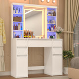 COWMOU Tall Vanity Desk with LED Mirror and RGB Lights Shelves, White Makeup Vanity with Power Outlet, Vanity Table with 5 Sliding Drawers & 2 Cabinets for for Bedroom and Dressing Room COWMOU