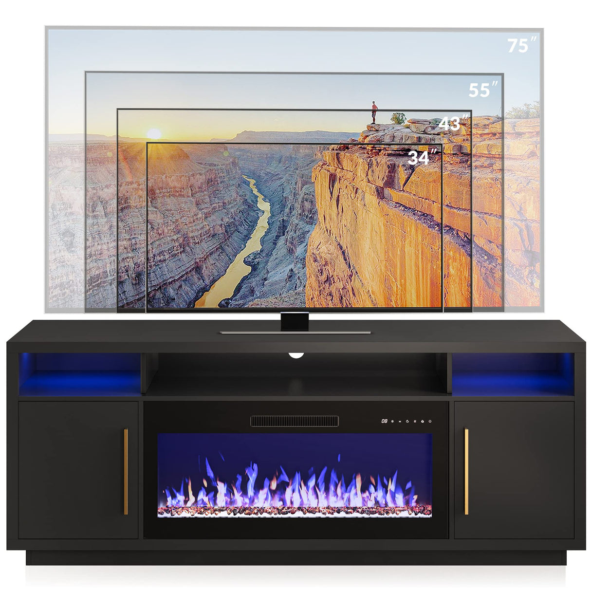 BELLEZE 70" Fireplace TV Stand for TVs Up to 75", LED Light Entertainment Center with 36" Electric Fireplace Heater, Storage Cabinet, Media Console Table for Living Room - Avenue (Black) BELLEZE