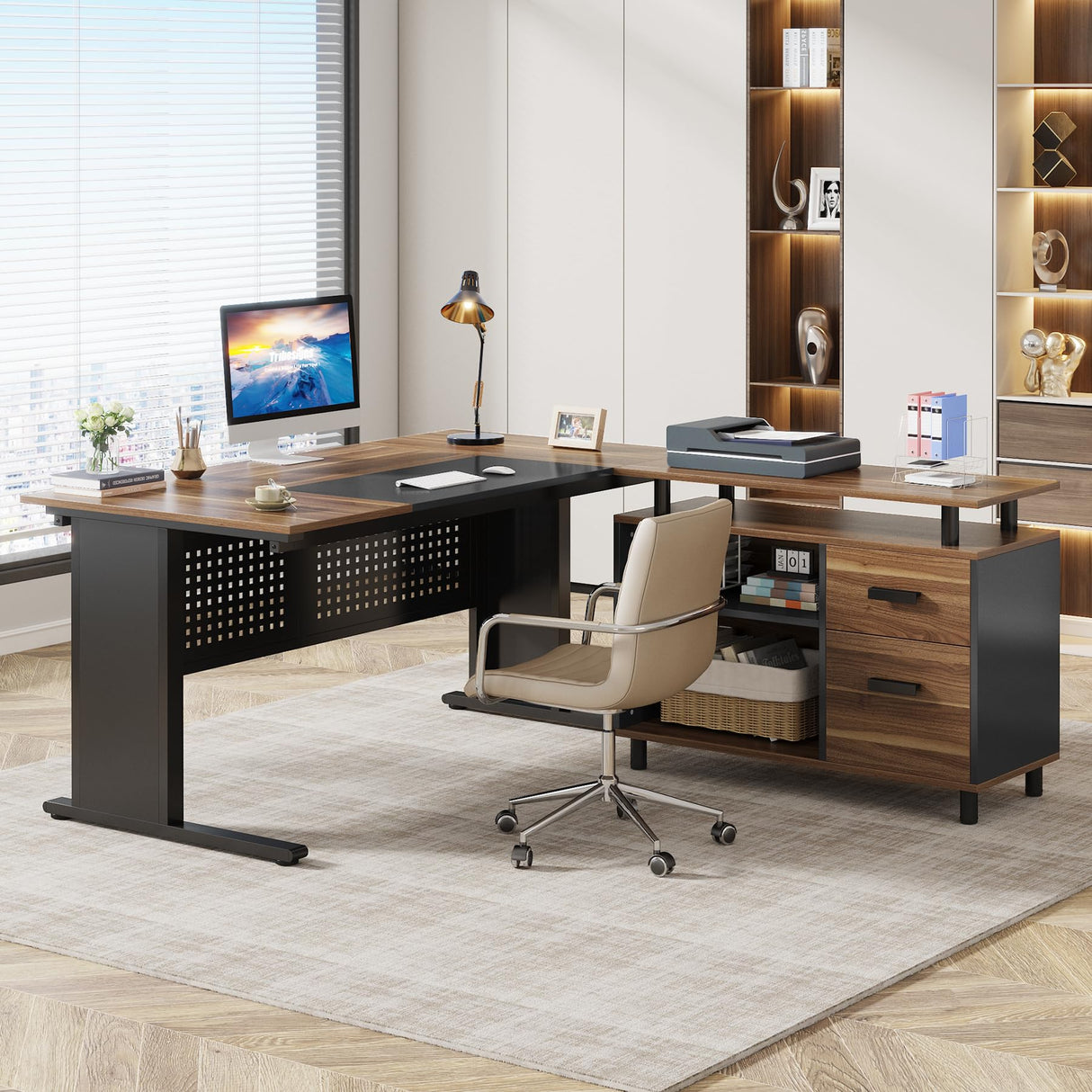 Tribesigns 63 Inch Executive Desk with File Cabinet, Large Office Desk L Shaped Computer Desk with Drawers and Storage Shelves, Business Furniture Desk Workstation for Home Office, Brown and Black Tribesigns