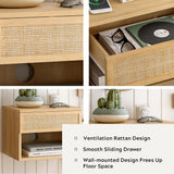 MoomJiee Rattan Floating Nightstands Set of 2, Wall Mounted End Table with Drawer and Open Compartment Modern Wood Bedside Night Stand Storage Cabinet for Bedroom Living Room, Natural Oak MoomJiee