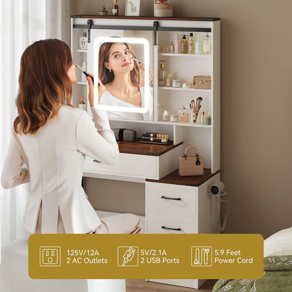 NUNU LAB Farmhouse Women Vanity Desk with Sliding Mirror and Lights, Rustic Big Makeup Table with Charging Station, Drawers, Cabinets, and Adjustable Shelves for Bedroom 42'', Brown NUNU LAB