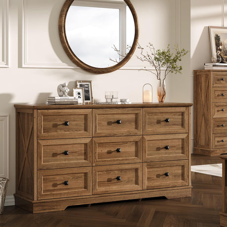 FFBCFDK Farmhouse 9 Drawers Dresser Chests for Bedroom, 9 Drawers TV Stand, Long Wood Dressers Organizer for Closet, Modern Storage Organizer Cabinet for Bedroom, Hallway & Entryway, Natural Oak FFBCFDK